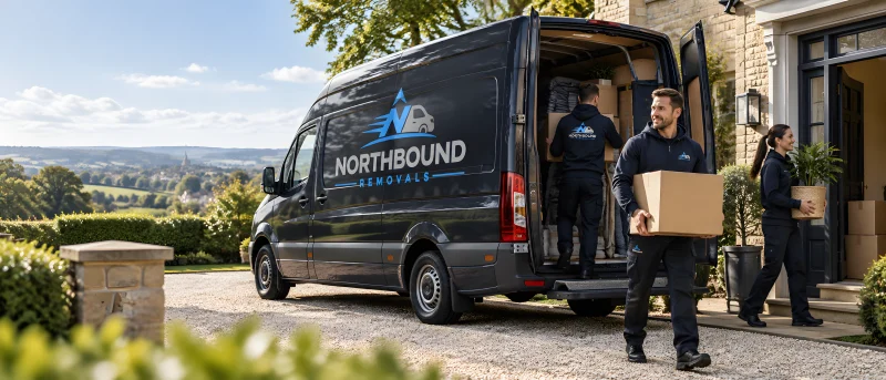 Illustrative removal worker carrying a box beside a van.