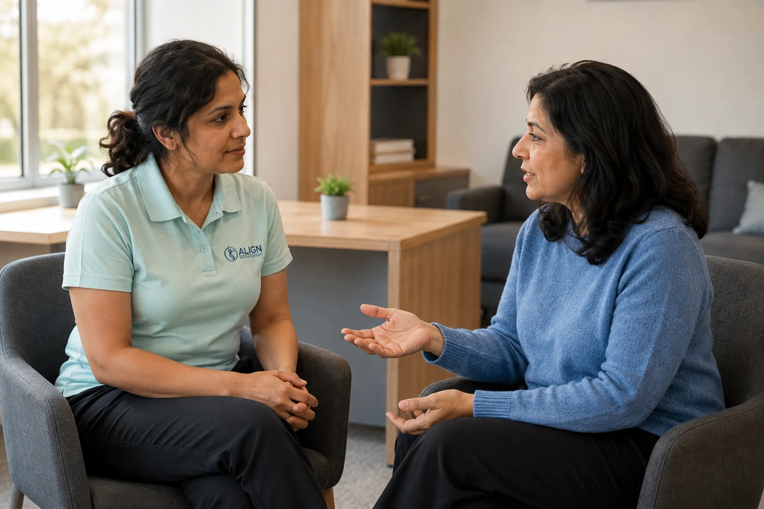 Illustrative physiotherapist and patient discussing an initial visit.
