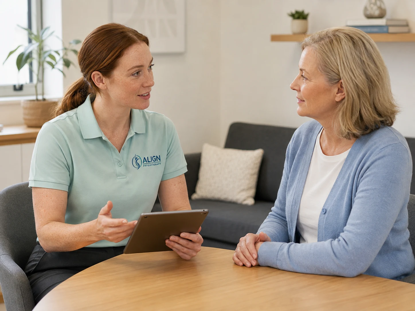 Illustrative physiotherapist discussing a follow-up with a patient.