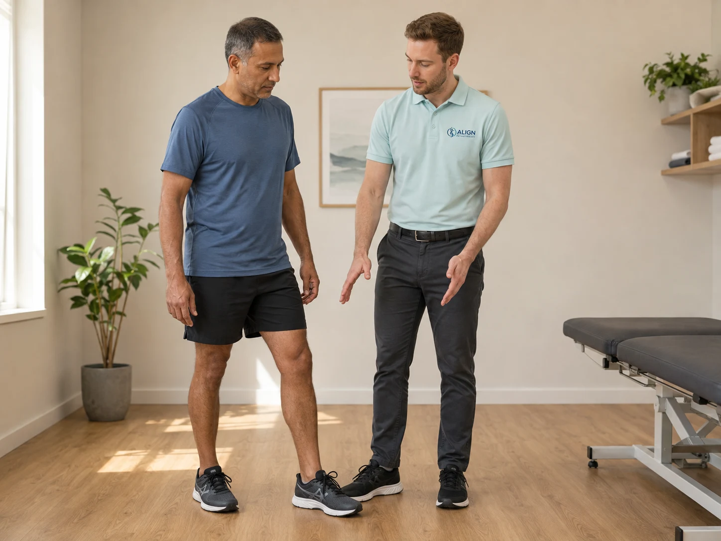 Illustrative physiotherapist observing a standing movement assessment.