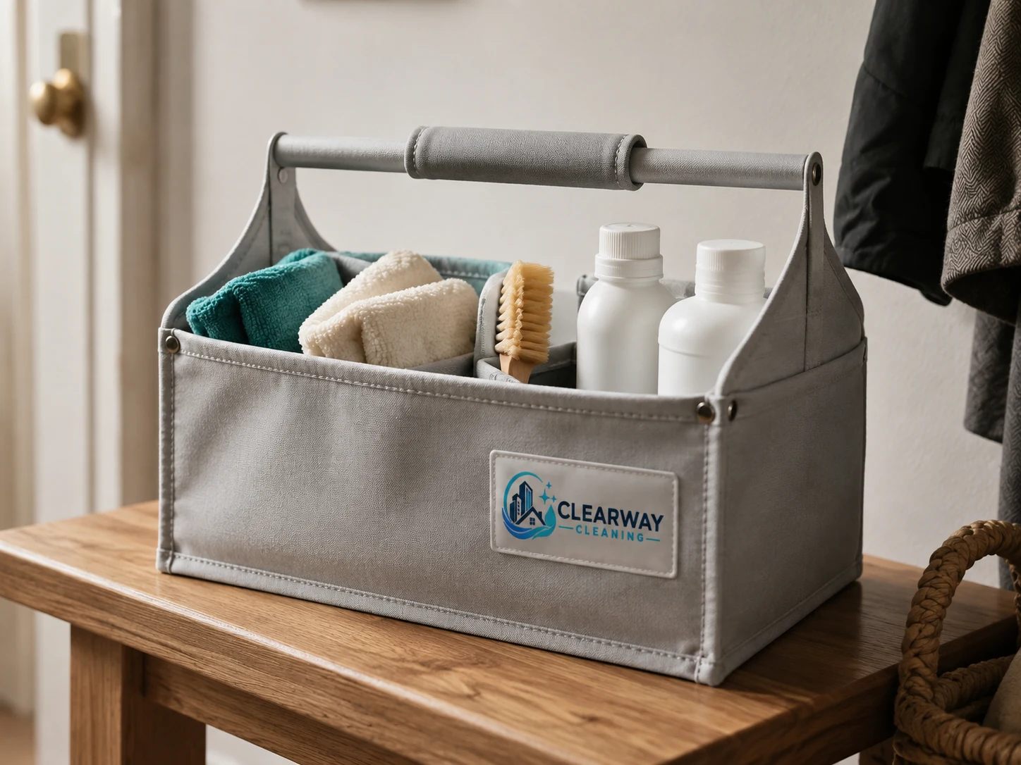 Example cleaning caddy with bottles and cloths.