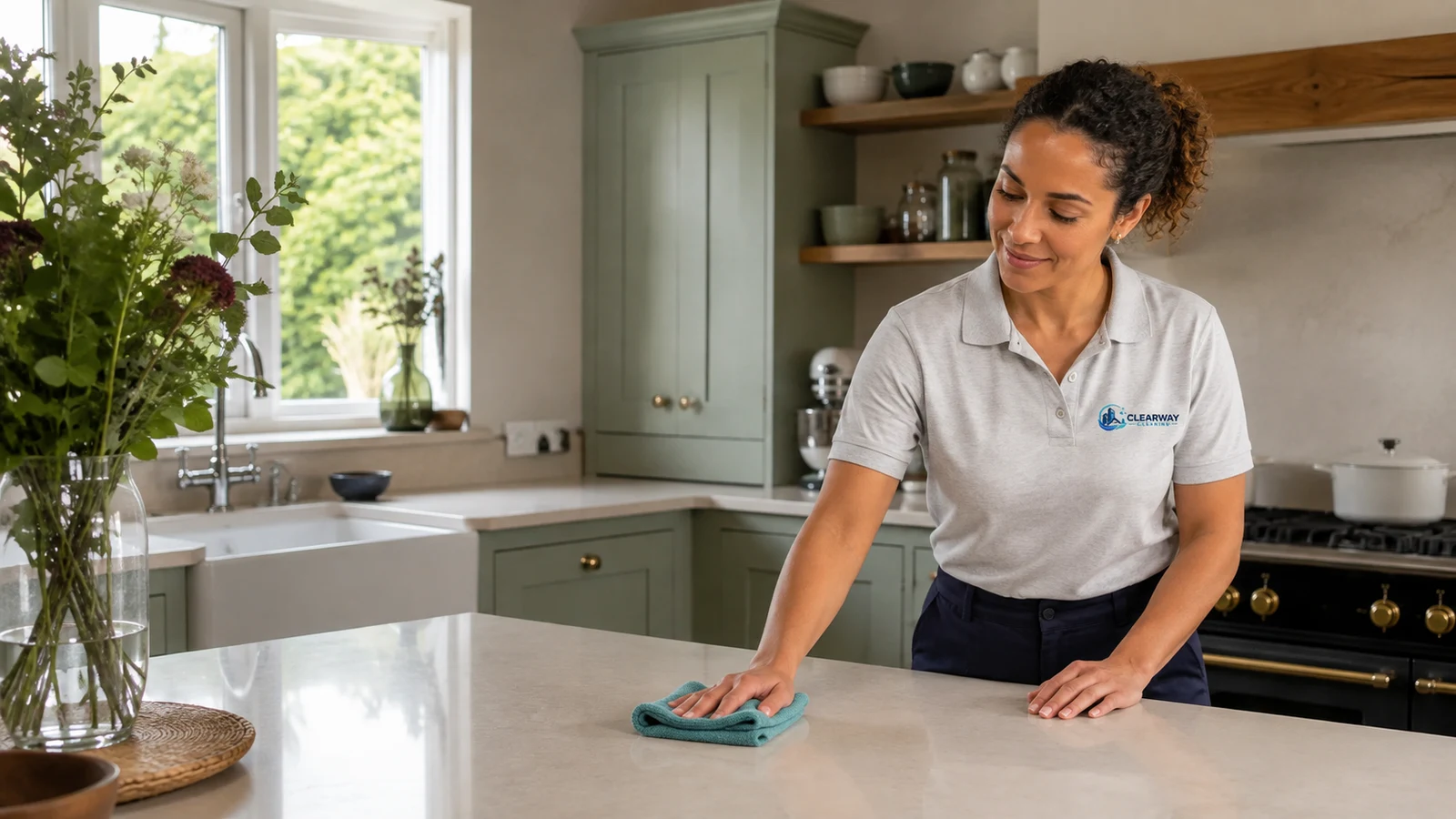 Illustrative cleaner wiping a kitchen worktop.