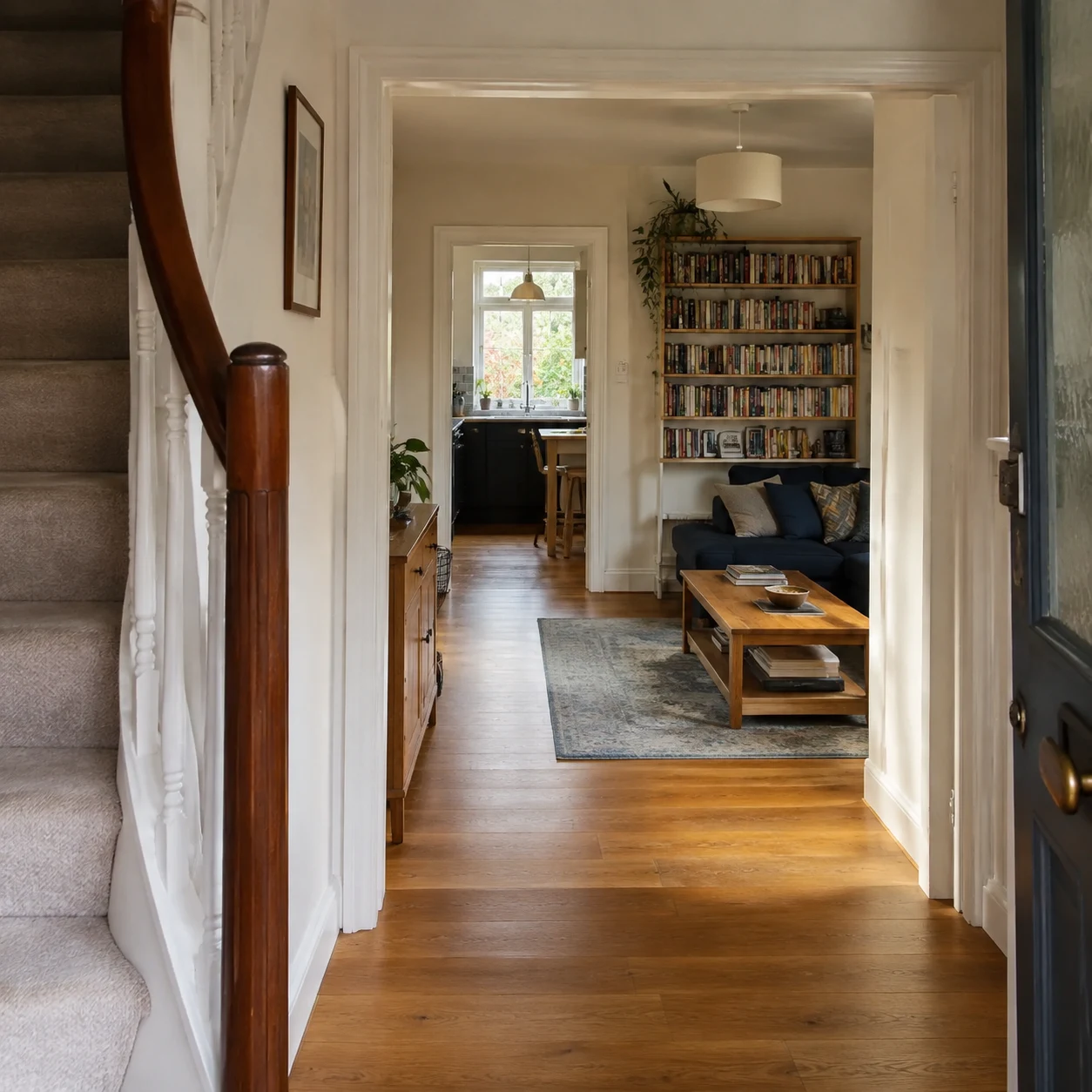 Example hallway and living room in a home-cleaning website.