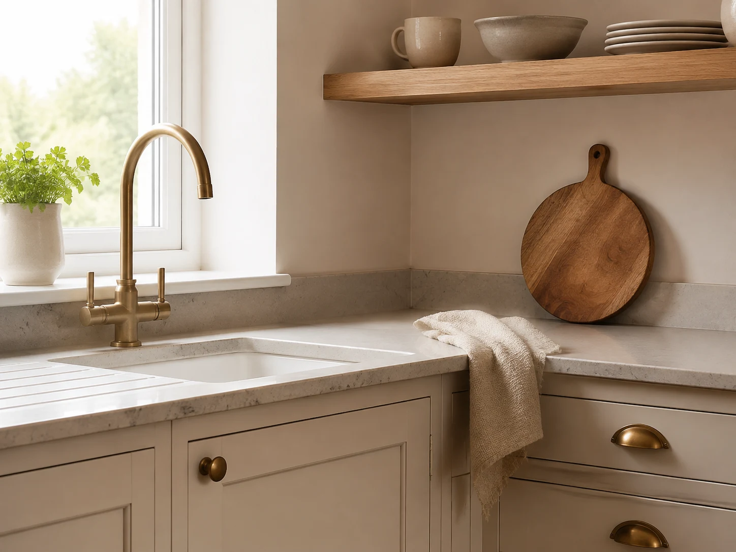 Example clean kitchen worktop and sink.
