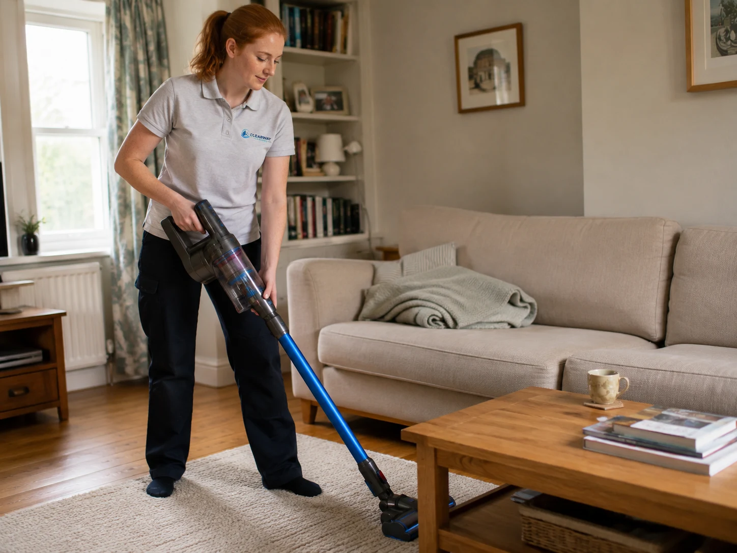 Illustrative cleaner vacuuming a living room.
