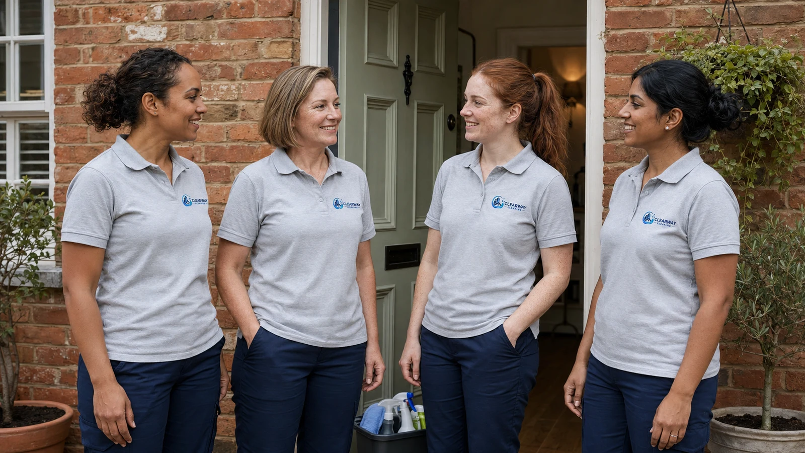 Illustrative cleaning team standing outside a house.