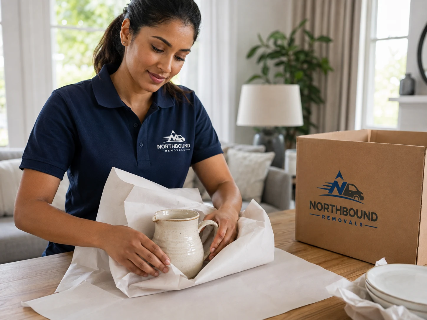 Illustrative removal worker wrapping crockery for packing.