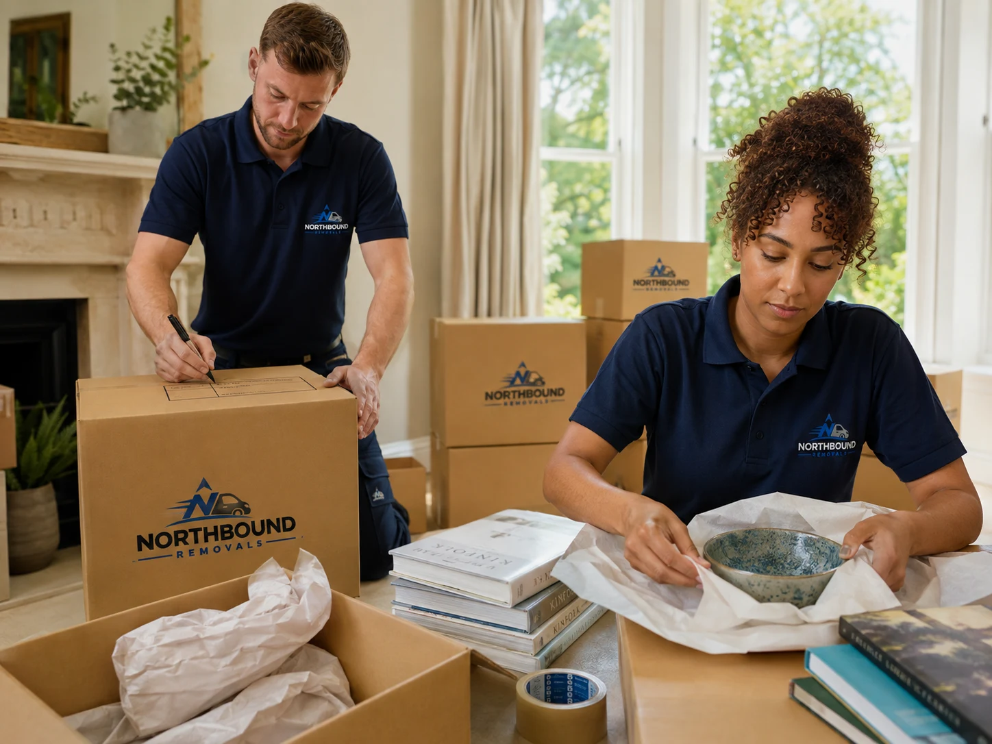 Illustrative removal team wrapping dishes and packing boxes.