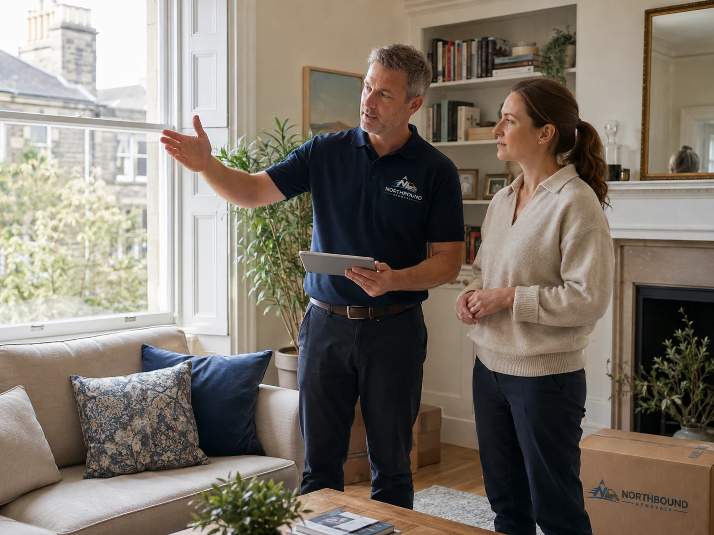 Illustrative removals survey with a homeowner inside a living room.