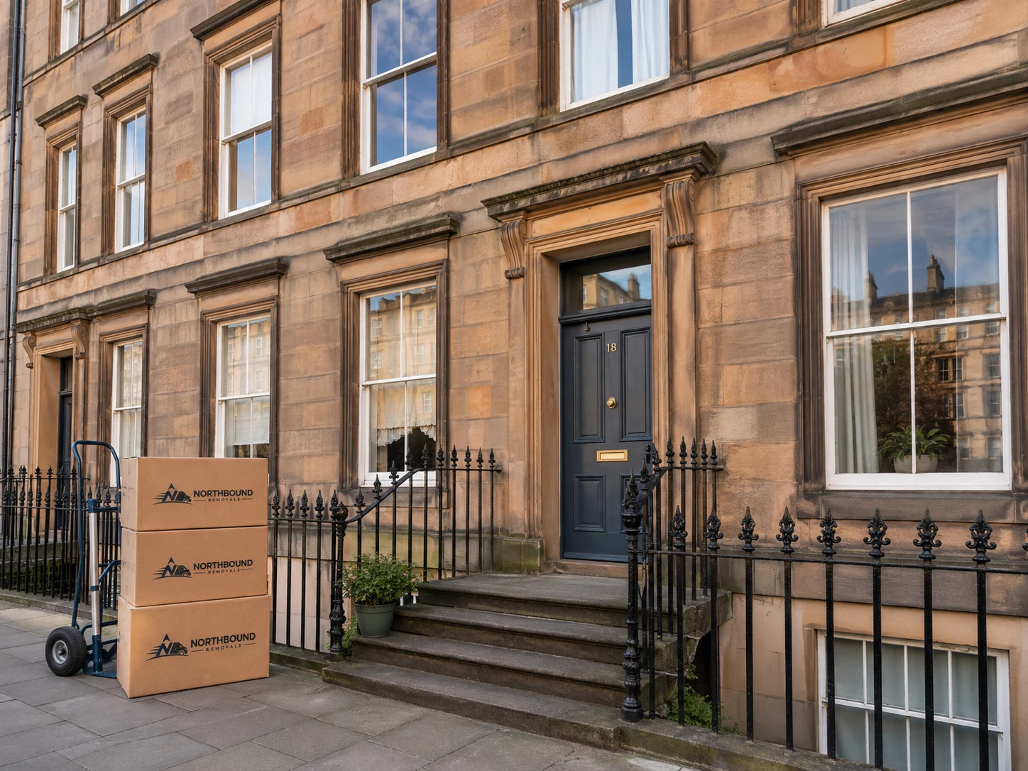 Example tenement entrance with removal boxes beside the steps.