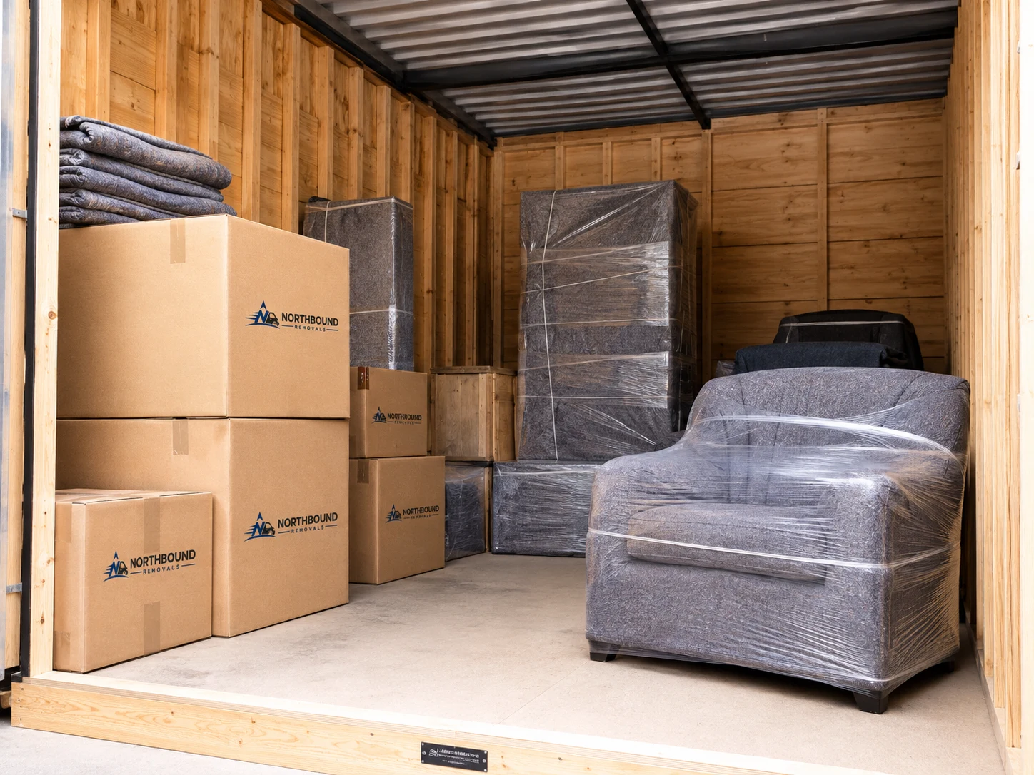 Example storage unit with boxed belongings and protected furniture.
