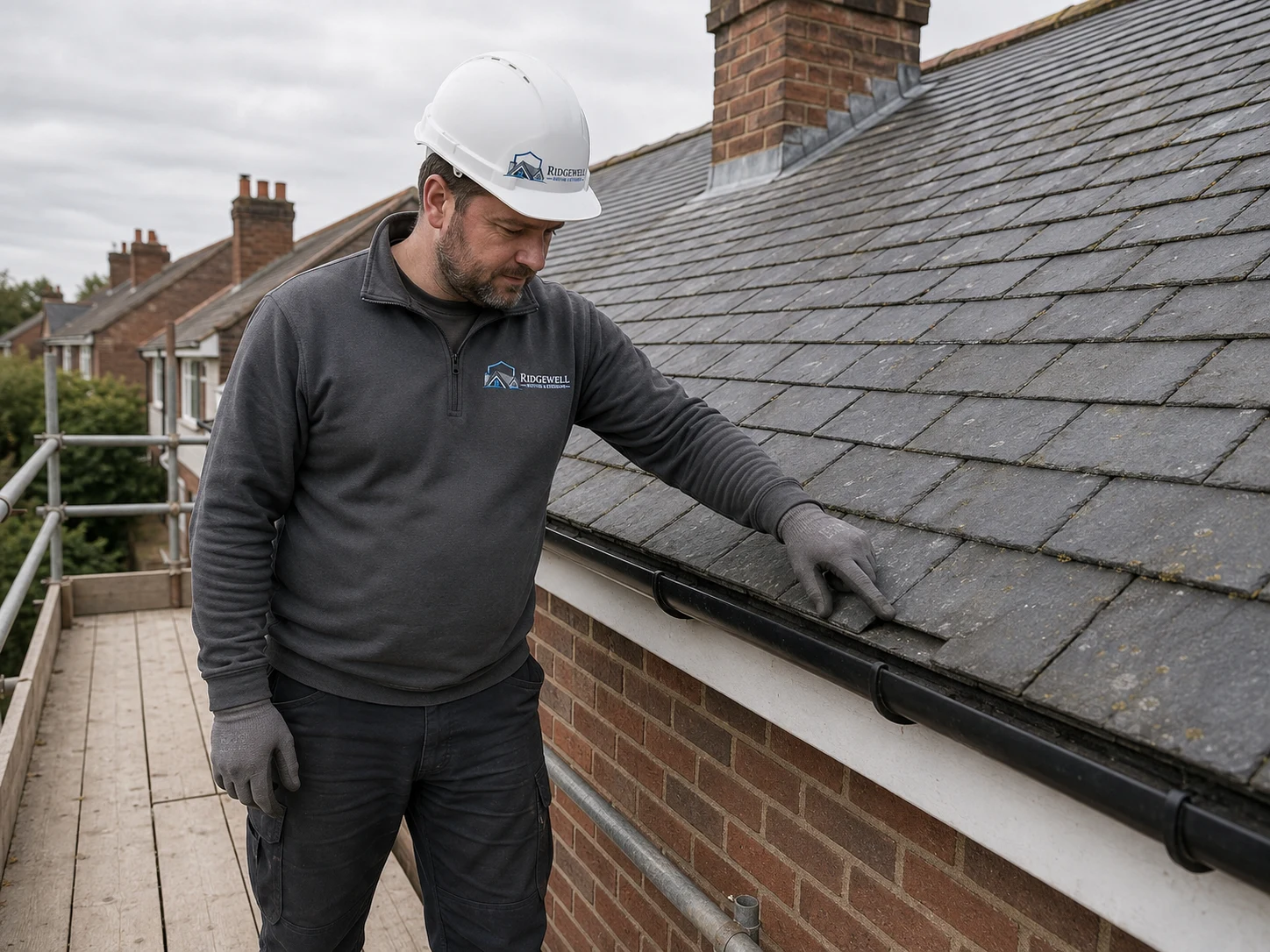 Illustrative roofer checking guttering beside a pitched roof.