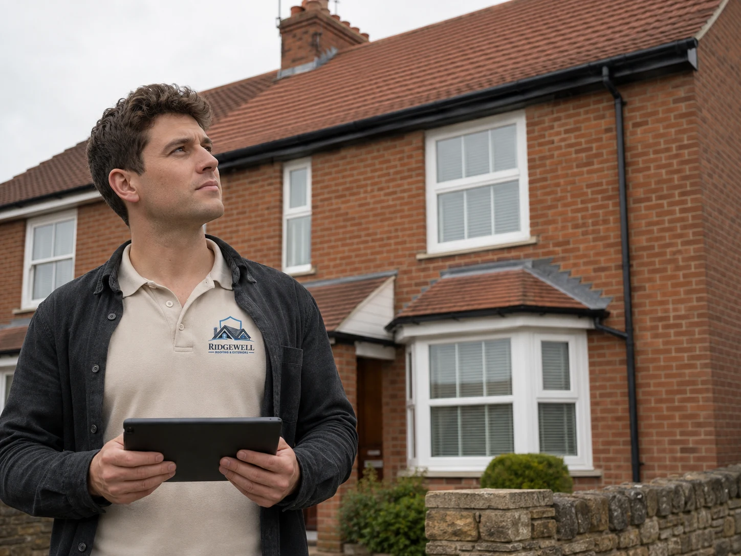 Illustrative roofer assessing a house from ground level using a tablet.