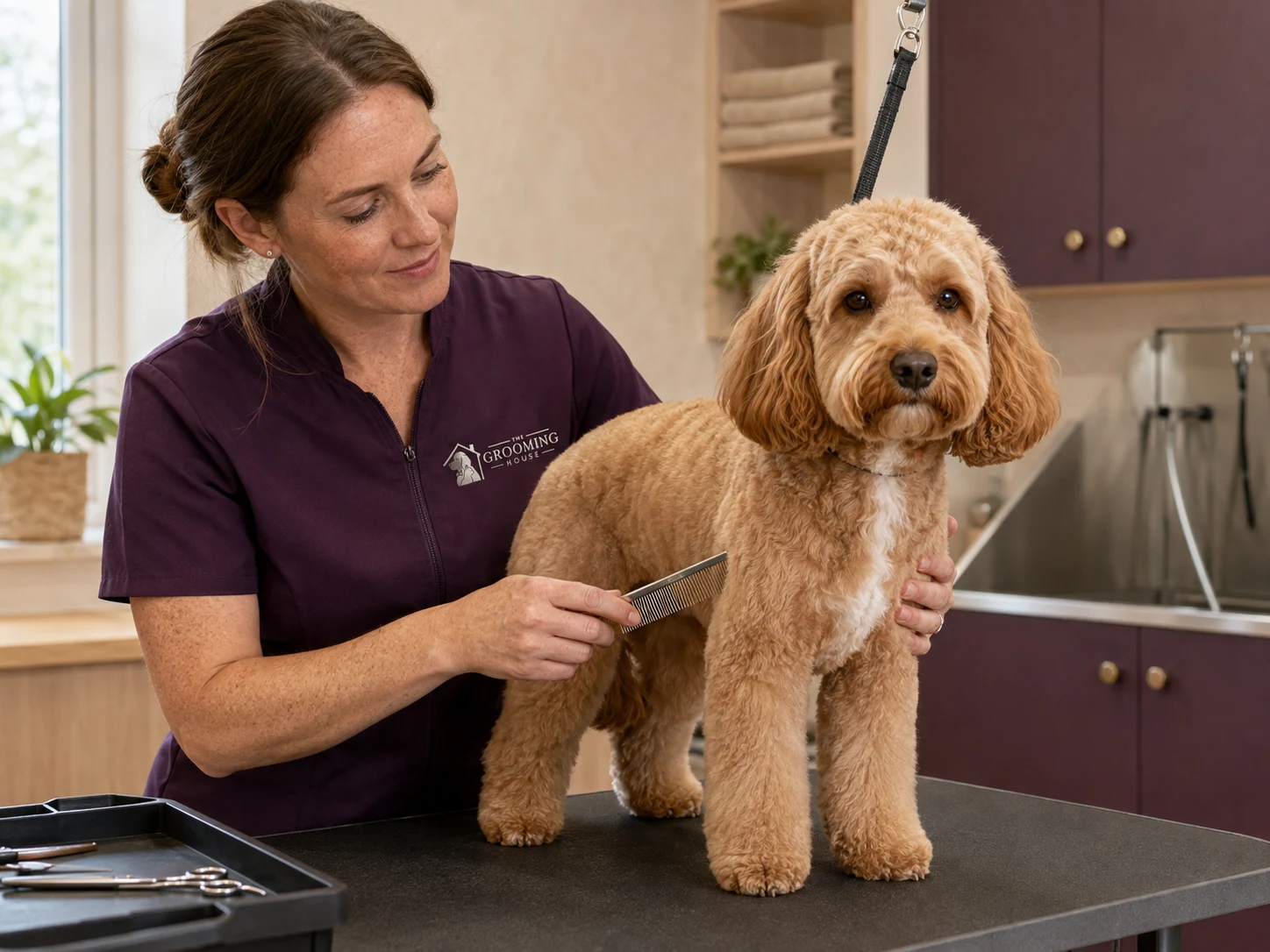 Illustrative groomer brushing a cockapoo on a grooming table.