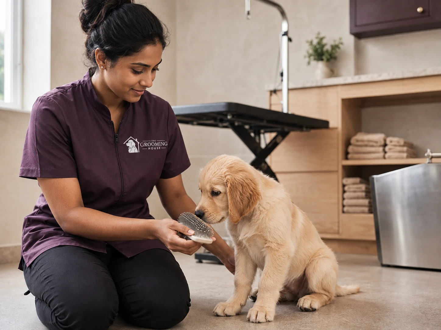 Illustrative groomer introducing a puppy to a grooming table.