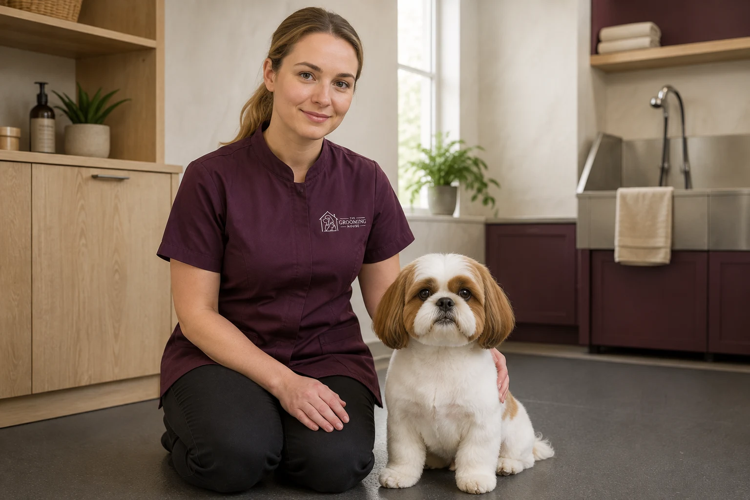 Illustrative groomer with a small dog ready to leave the salon.