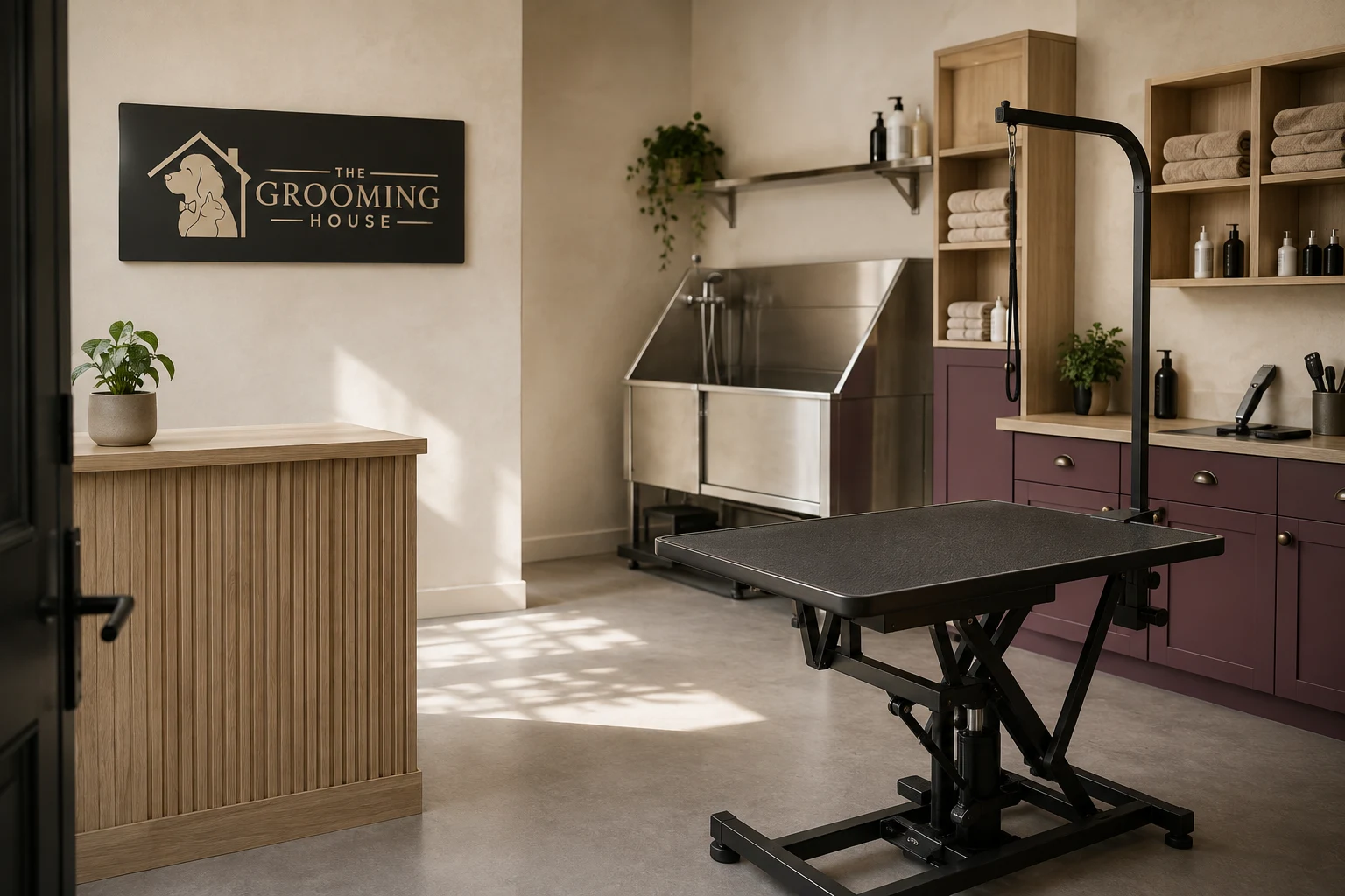 Example dog-grooming salon with a grooming table and wash area.