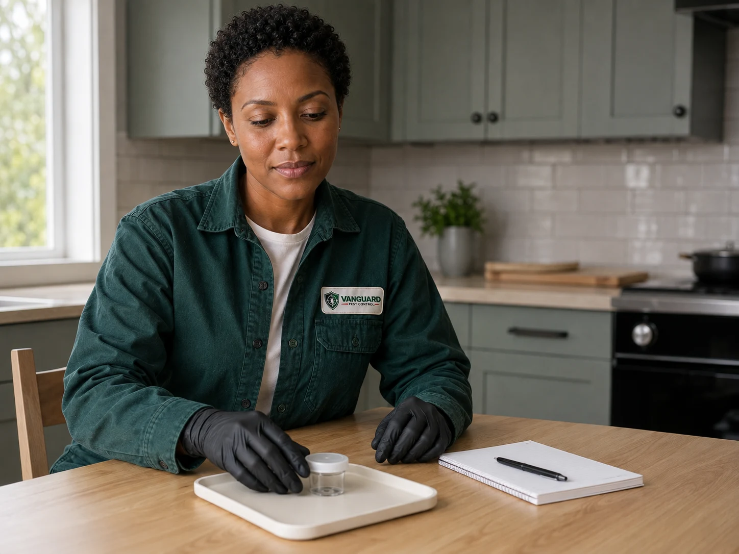 Illustrative pest-control technician examining a sample on a kitchen table.