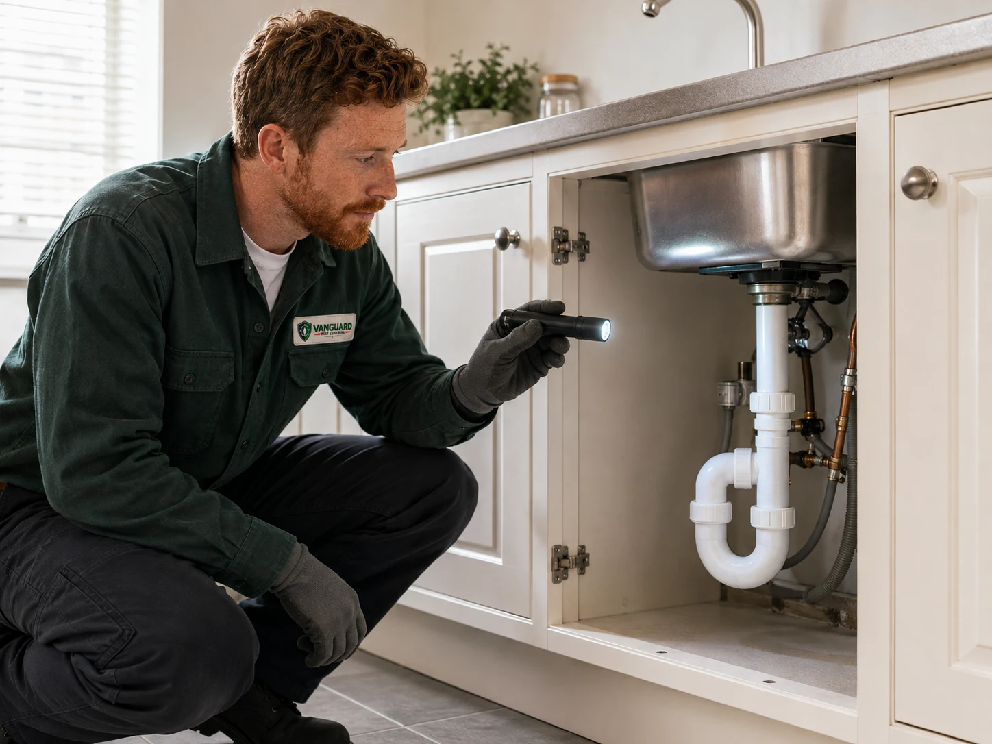 Illustrative pest-control technician inspecting beneath a kitchen sink.
