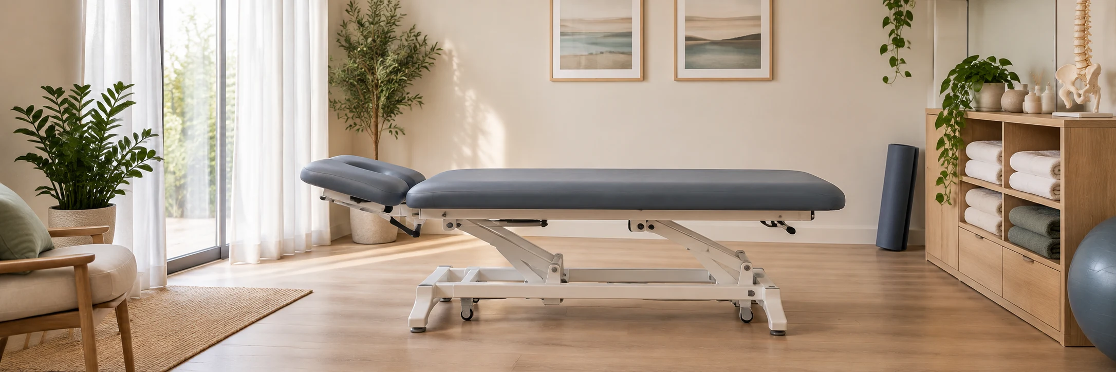Illustrative physiotherapy room with a treatment couch.