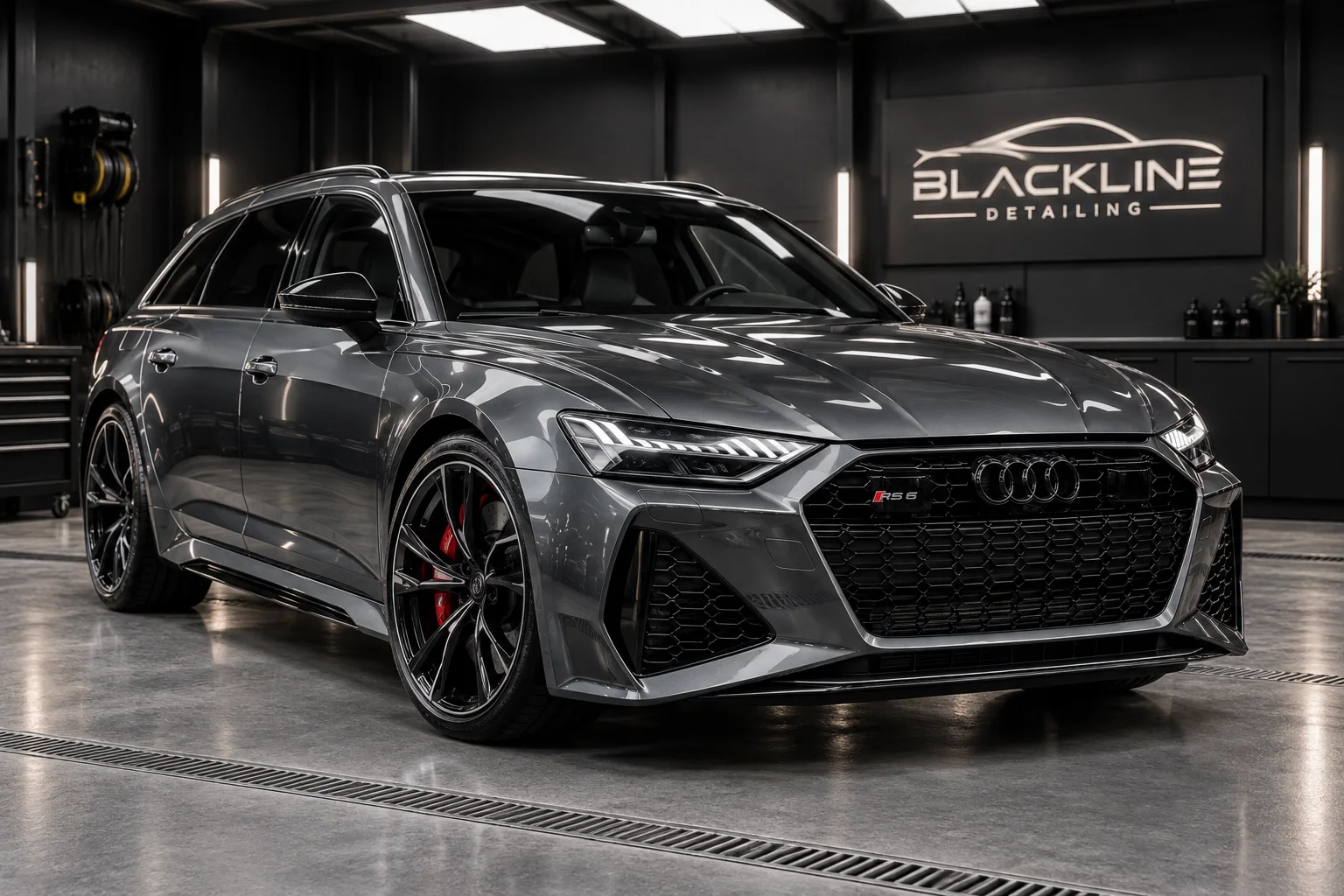 Example polished dark car inside a detailing studio.