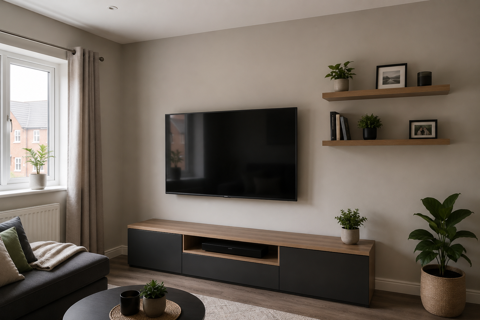 Example wall-mounted television and floating media cabinet.