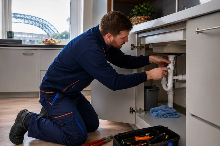 Illustrative plumber working beneath a kitchen sink.