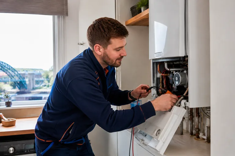 Illustrative heating engineer servicing a boiler.