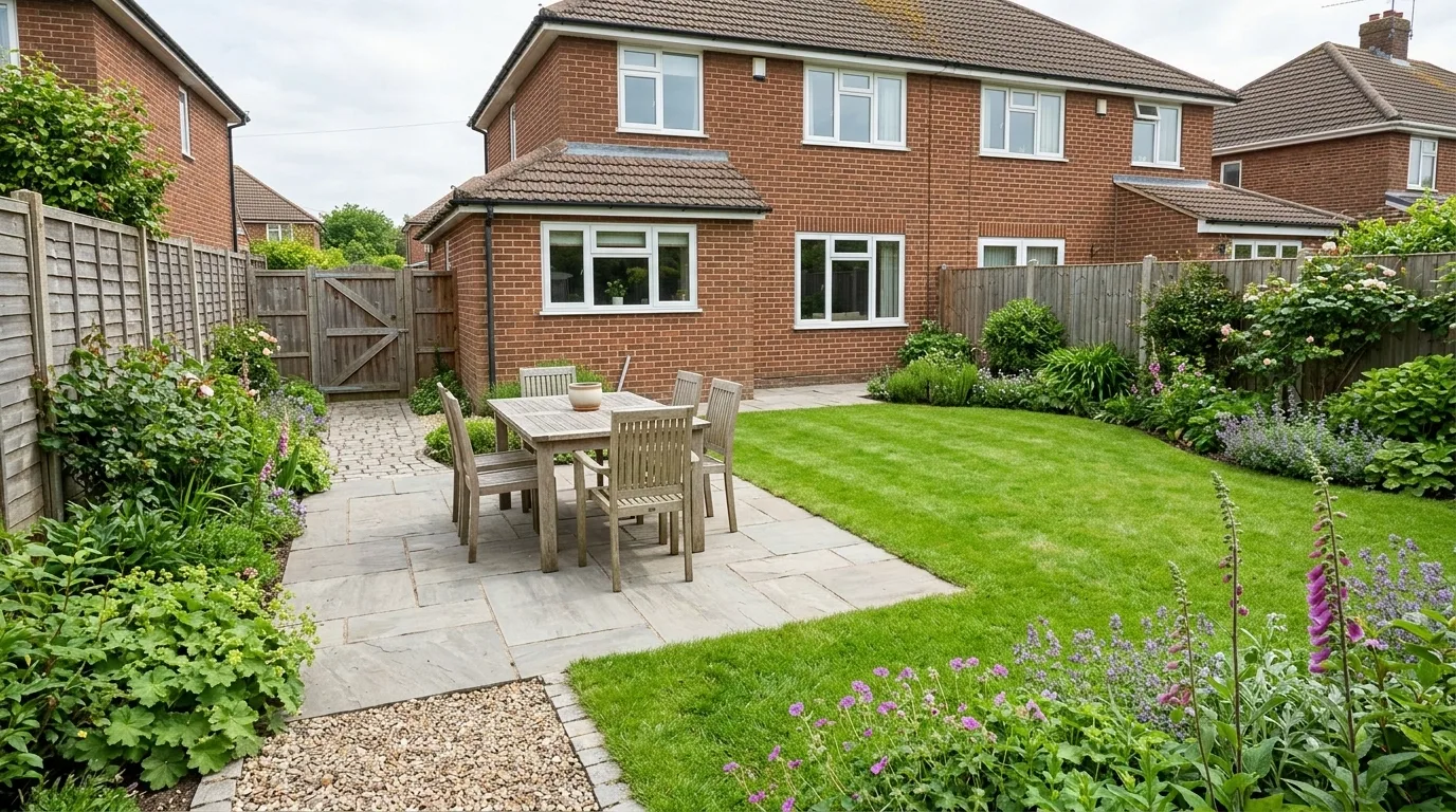 Example landscaped garden with a patio, lawn and planted borders.