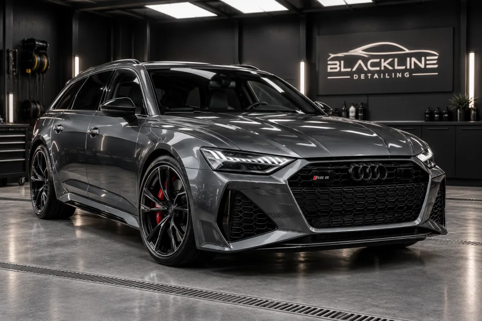 Example of a polished dark car in a detailing studio.