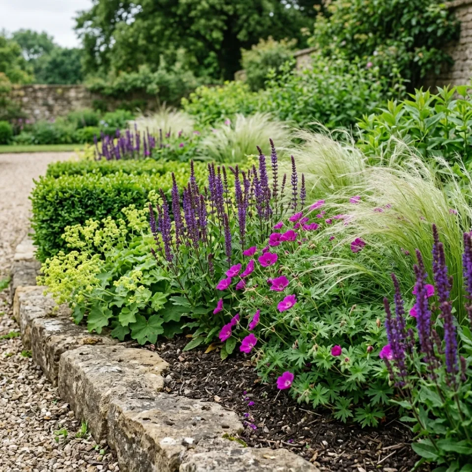 Example planted garden border beside a stone path.