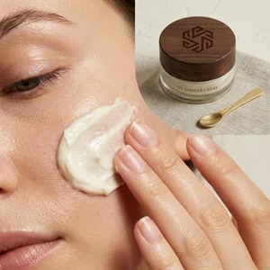 Illustrative close-up of moisturiser being applied to a cheek.