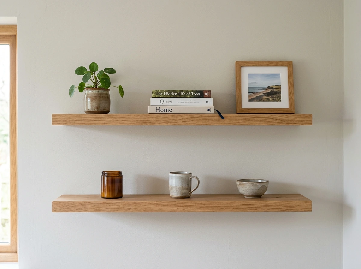 Two floating wooden shelves used as an example job-reference photograph.