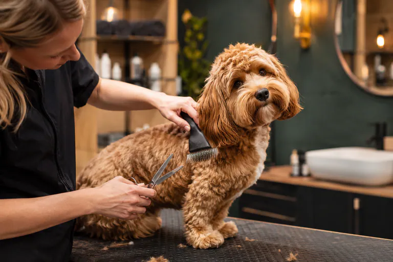 Illustrative groomer brushing a cockapoo.