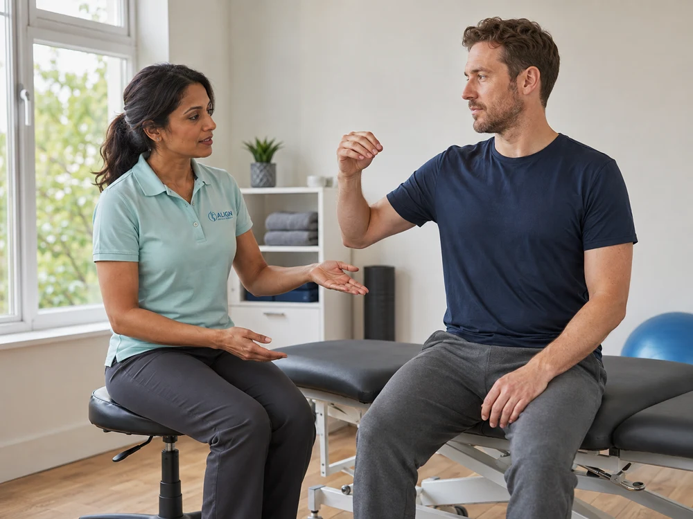 Illustrative physiotherapist discussing a shoulder assessment with a patient.
