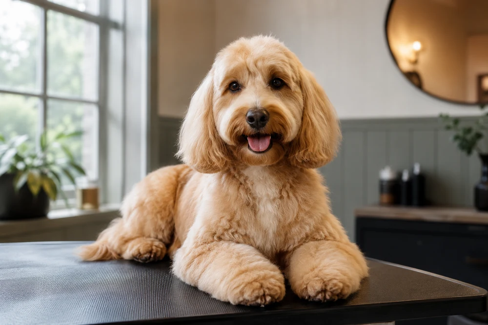 Example cockapoo sitting on a grooming table.